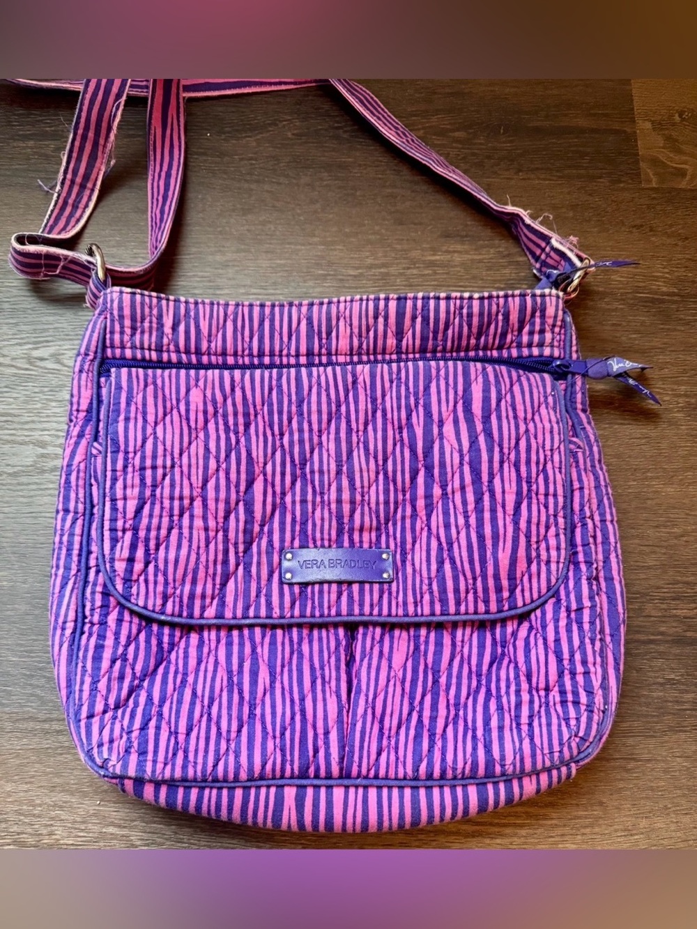 Vera Bradley Pink and Purple Quilted Crossbody with Stripe Pattern